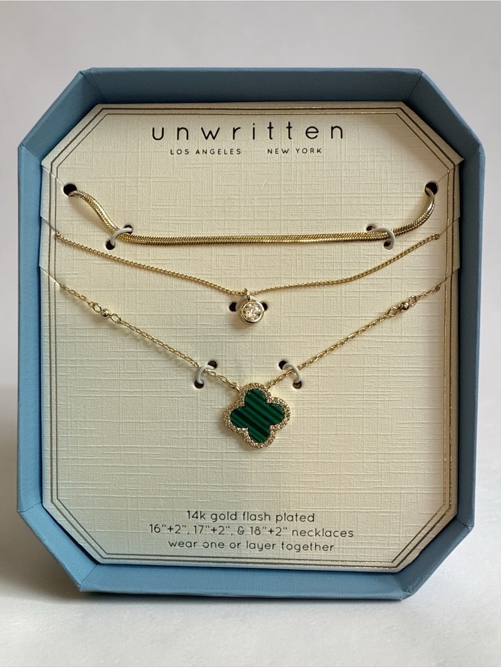 Unwritten Gold Flash Plated Layered Necklaces with Green Clover Charm NIB